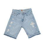 Ouzey Streetwear Rhinestone Rivet Denim Shorts Harajuku Hip Hop Cross Diamond Light Blue Shorts Gothic Casual Fashion Pants Men Women