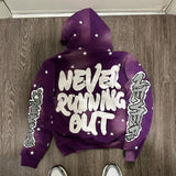 Ouzey dandys world Geometric letter stars all over printed purple oversized baggy hoodies men y2k high street hip-hop fashion rock pop sweatshirts