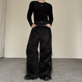 Ouzey Dark Plush Patchwork Denim Wide-leg Pants