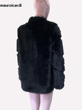 Ouzey Spring Winter Thick Warm Black Hairy Patchwork Faux Fur Coat Women Stand Collar Luxury Designer Fluffy Jacket 2025