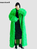 Ouzey Winter Extra Long Oversized Bright Green Colored Hairy Thick Warm Soft Shaggy Faux Mongolian Fur Coat Women Sashes