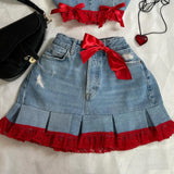 Ouzey Y2K New Fashion Outfits Denim Skirt Suit Harajuku Sexy Bow Slim Tube Tops Low Waist Mini Skirt Goth Kawaii Womens Clothing