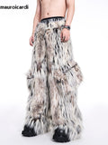 Ouzey Autumn Winter Long Colorful Thick Warm Hairy Fluffy Faux Fur Wide Leg Pants Men Pockets Runway Fashion Streetwear