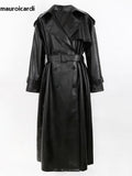 Ouzey Spring Autumn Long Oversized Black Pu Leather Trench Coat for Women Belt Double Breasted Loose Casual Maxi Overcoat