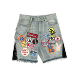 Ouzey Streetwear Light Blue Denim Shorts Men Women Harajuku Cartoon Graphic Patch Loose Pants Gothic Pockets Embroidered Sports Shorts