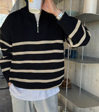 Ouzey 5402 KNITTED BLACK STRIPED HALF-ZIP TURTLENECK SWEATER