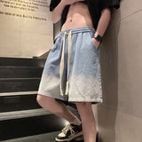 Ouzey Denim shorts men's summer  handsome gradient straight-leg five-quarter pants men's American loose brand retro mid-length pants