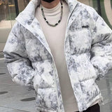 Ouzey 2024 Winter New Men's Stand up Down Jacket Tie Dyed Loose Trendy Versatile Zipper Down Jacket Fashion Couple Series Coat