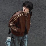 Ouzey Spring Autumn Cool Handsome Short Maillard Style Brown Pu Leather Racker Jacket Men Loose Casual Korean Fashion 2025