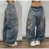 Ouzey dandys world Streetwear 90S Retro Hip Op Flame Embroidery Loose High Waisted Men Jeans Female Y2K New Harajuku Gothic joker Wide Leg Pants