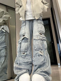 Ouzey Light blue washed ripped multi-pocket high street cargo pants women 2025 aesthetic fashion American retro wide leg baggy jeans