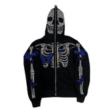 Ouzey 2025 American retro hooded sweater for men / women couple models skull lazy wind print hooded long-sleeved zipper hooded sweater