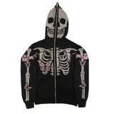 Ouzey 2025 American retro hooded sweater for men / women couple models skull lazy wind print hooded long-sleeved zipper hooded sweater