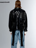 Ouzey High Quality Cool Handsome Runway European Fashion Black Reflective Shiny Patent Faux Leather Jacket Men Clothes