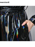 Ouzey Spring Soft Thin Flowy Shiny Reflective Holographic Black PVC Faux Leather Trench Coat for Women Maxi Y2K Streetwear