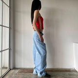 Ouzey dandys world American Simple Retro Pocket Embroidered Jeans Women's Loose Wide-leg High Street Classic Trend Fashion Casual Straight Pants