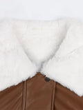 Ouzey Winter Long Warm Thickened Warm Soft Brown Pu Leather Coat Women with White Faux Fur Inside Loose Korean Fashion