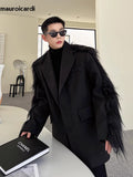 Ouzey Spring Autumn Loose Black Faux Fur Patchwork Blazer Men with Shoulder Pads Long Sleeve Luxury Designer Clothes 2025