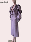 Ouzey Spring Long Soft Purple Faux Leather Trench Coat for Women with Ruffled Lantern Sleeve Elegant Luxury Chic Overcoat