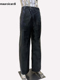 Ouzey Spring Long Black Faux Leather Pants Men High Waist Luxury Designer Pleated Pu Leather Straight Trousers Clothes