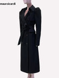 Ouzey Spring Winter Long Black Elegant Luxury Fitted Woolen Coat Women Puff Sleeve Blet Chic Luxury Designer Clothes 2025