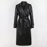 Ouzey Spring Long Loose Black Silver Soft Faux Leather Trench Coat for Women Sashes Double Breasted Leather Overcoat 2025