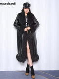 Ouzey Winter Oversized Long Black Quilted Thickened Warm Pu Leather Coat Women with Faux Fur Trim Luxury Designer Clothes