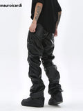 Ouzey Autumn Long Ruched Black Pu Leather Stacked Pants Men Dark Academia Vintage Clothes Steampunk Trousers Streetwear