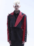 Ouzey Spring Autumn Cool Short Black and Red Color Block Pu Leather Jacket Blazer Men Long Sleeve Lace Up Clothes 2025