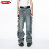 Ouzey Hip Hop Men's Denim Pants Spring Autumn High Street Vibe Personalized Ragged Edge Splicing Jeans Trendy Designer Male Trousers