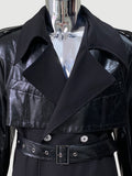 Ouzey Spring Autumn Long Black Faux Leather Patchwork Trench Coat Men Shoulder Pads Double Breasted Runway Fashion 2025