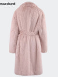 Ouzey Spring Winter Long Oversized Pink Hairy Thick Warm Soft Faux Fox Fur Coat Women Sashes Loose Korean Fashion 2025