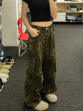 Ouzey 2025 American retro jeans Y2K high street loose casual leopard print versatile wide leg straight denim trousers for street wear