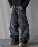 Ouzey dandys world Baggy Jeans for Men Y2k Hip Hop Distressed Retro Black Pants Oversized Embroidery Harajuku Gothic Wide Leg Trousers Streetwear