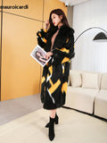 Ouzey Winter Long Colorful Shaggy Hairy Thick Warm Faux Fur Coat Women Sashes Elegant Multicolored Luxury Furry Overcoat