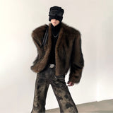 Ouzey Spring Winter Short Thick Warm Hairy Shaggy Grey Faux Fur Coat Men V Neck Long Sleeve Cool Handsome Fluffy Jacket