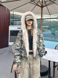 Ouzey dandys world American Fashion Camouflage Plush Hat Jacket Coat Y2K High Street Hip hop Harajuku Loose Women Make Hoodies Fashion Streetwear