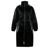 Ouzey Spring Black Long Waterproof Shiny Reflective PVC Faux Leather Coat for Women with Detachable Hood Y2K Streetwear