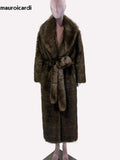 Ouzey Winter Elegant Long Thick Warm Striped Fluffy Brown Faux Sable Fur Coat Women Shawl Collar Sashes Furry Overcoat