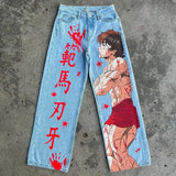 Ouzey Harajuku y2k baggy jeans blue eyes white dragon print wide leg denim pants popular anime jeans streetwear trouser men clothing