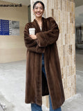 Ouzey Winter Long Brown Thick Warm Soft Fluffy Faux Mink Fur Coat Women V Neck Loose Chic Stylish Luxury Designer Clothes