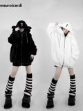 Ouzey Winter Cool Oversized Warm Thick Soft Faux Fur Coat Hoodie Women with Bear Ears Punk Style Fluffy Jacket Streetwear