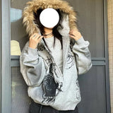 Ouzey Tie Dye Printed Large Fur Collar Thick Coats Harajuku Jackets 2025 New Autumn Winter Niche Fashion Element baggy Hoodies women