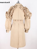 Ouzey Spring Khaki Long Trench Coat for Women with Ruffled Sleeve Belt Elegant Chic Modest Luxury Black Overcoat 2025