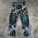 Ouzey Gothic spoof devil pattern printed high-waist jeans men winter Y2K American rock roll street hip-hop basketball baggy sweatpants