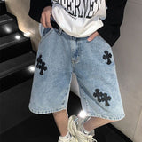 Ouzey American cross-print denim shorts men's summer thin Hong Kong style loose trousers trendy brand retro casual mid-pants y2k tops