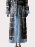 Ouzey Autumn Winter Extra Long Striped Thick Warm Faux Fur Coat Women with Fur Trim Elegant Luxury Maxi Furry Overcoat