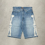 Ouzey 2025 Summer Denim Shorts Hip Hop Y2K Men Women Goth Letter Print Retro Blue Denim Shorts Street Wear