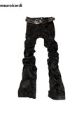 Ouzey Spring Autumn Long Fitted Skinny Matte Black Pu Leather Ruched Stacked Pants Men Luxury Designer Clothing Trousers