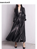 Ouzey Spring Black Maxi Skirted Faux Leather Trench Coat for Women Extra Long Elegant Luxury Designer Clothes Overcoat